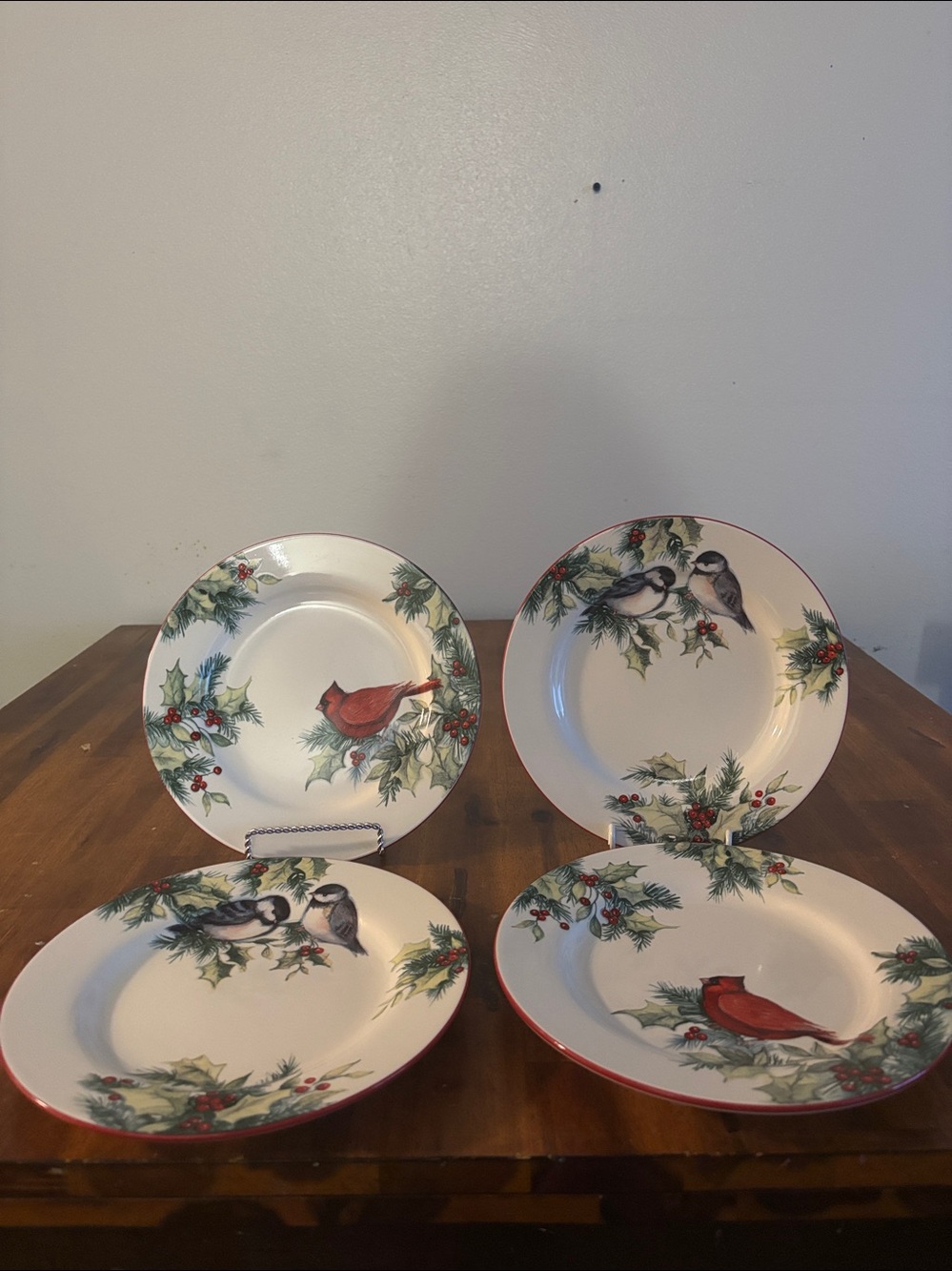 4 Winter Song Holiday Susan Winget Salad/Dessert Plates. 2 Cardinal/2 Chickadees